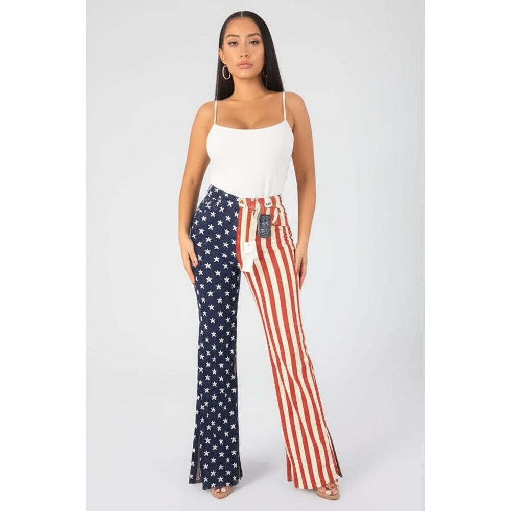 NWT JUDY BLUE Womens 7/28 American Flag Print Flare High Rise Stretchy Jeans
